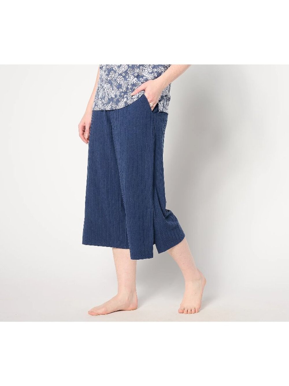 Cuddl Duds Wide Rib Cropped Pant Women Size XS Elastic Waist Oxford Navy Blue NE
